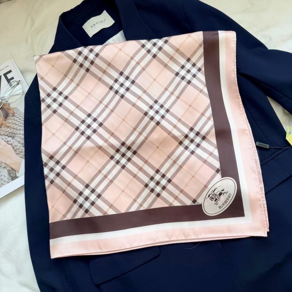 Burberry Pink Plaid Silk Scarf with Brown Border